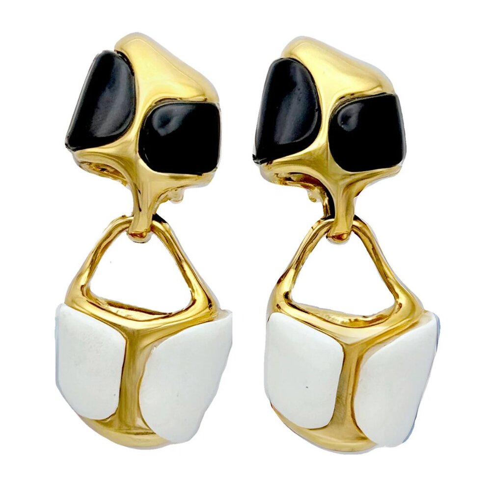 Kenneth Jay Lane Black White Enamel 22k Gold Plate Abstract Dangle Clip Earrings